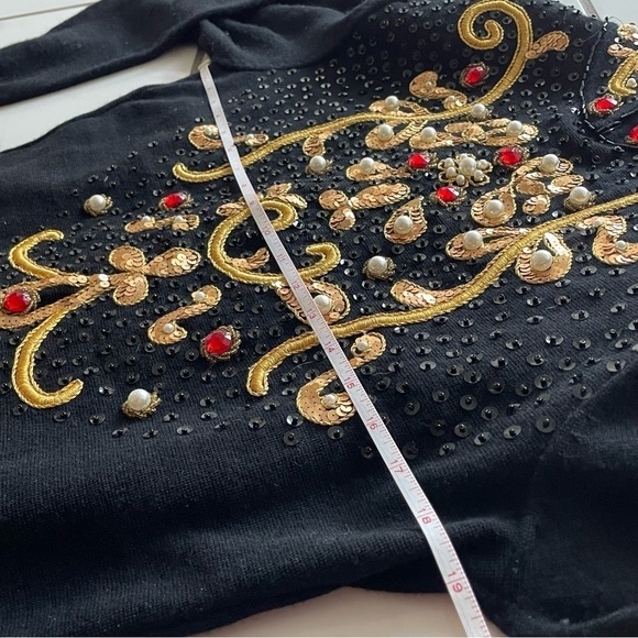 Vintage 80s black wool embellished peplum dress Ciao Ltd stones pearls sequins - Picture 9 of 11